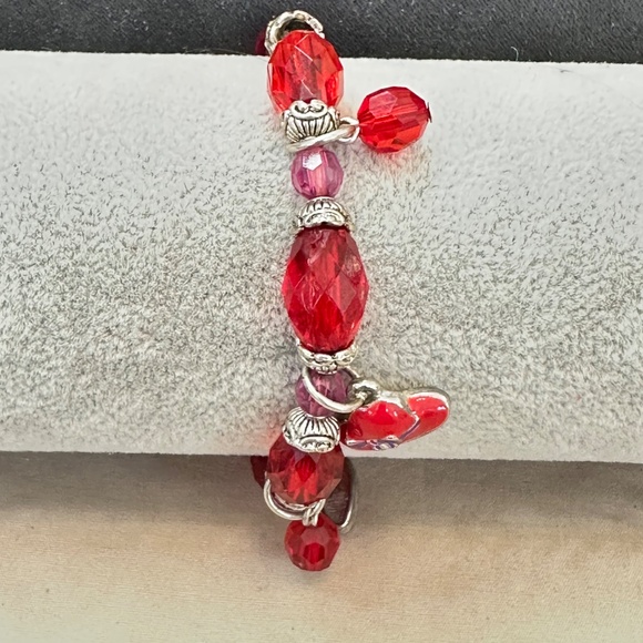 2/$15 Silver Tone & Red Bead Charm Bracelet. Red Hat Society charms. - Picture 3 of 11